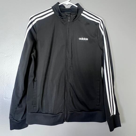 Y2K retro sporty Adidas Mens Black Track Jacket Full Zip 3Stripes Size Large - Picture 1 of 6